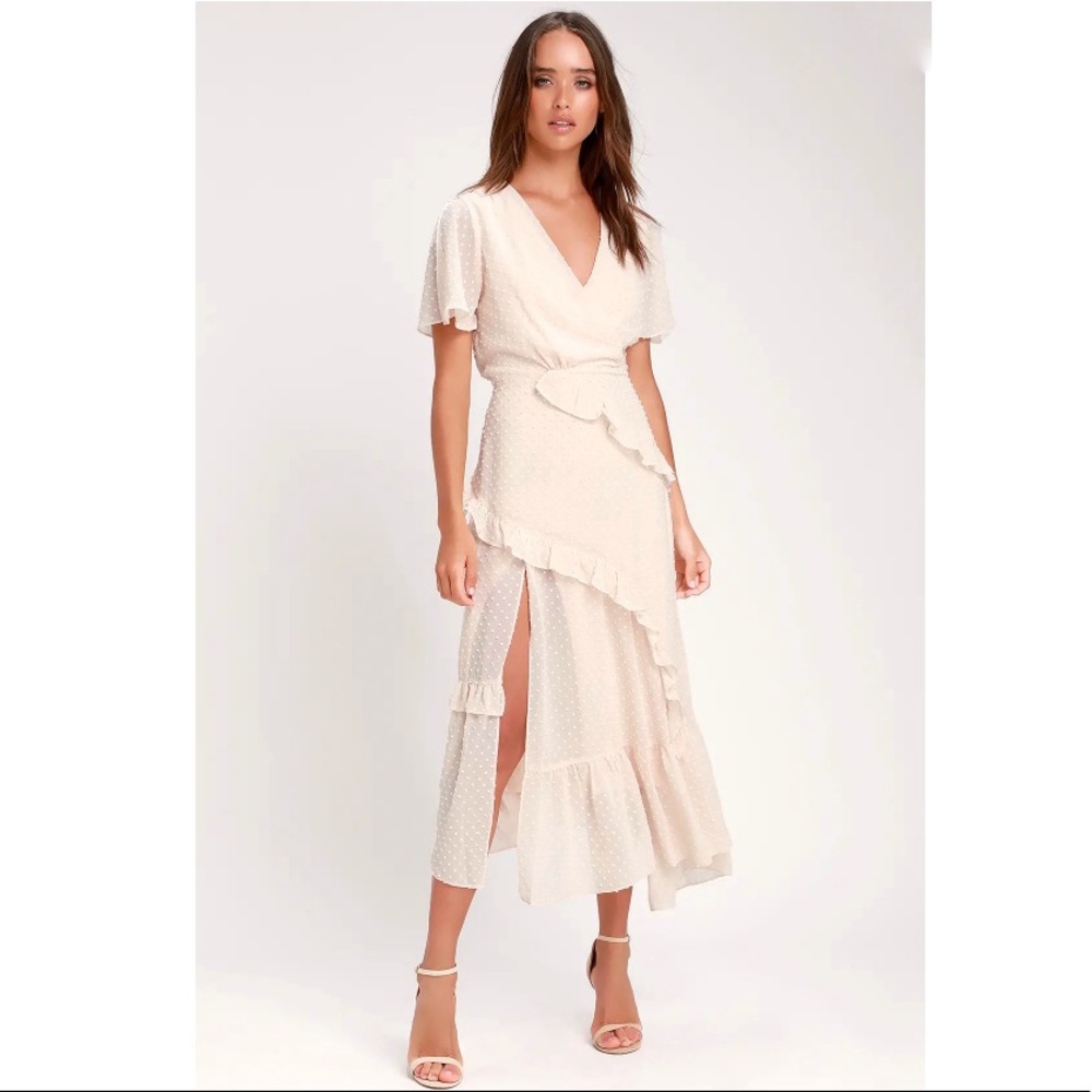 Lulu’s Swiss Dot Ruffled Midi Dress, Cream, Size S